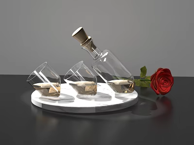 Elegant Transparent Glasses With Liquid Near Bottle And Red Rose On Marble Base 3d model