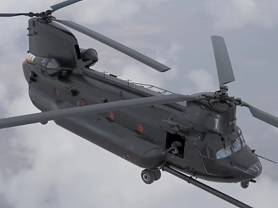 Military Helicopter Flying In The Sky With Clouds 3d model