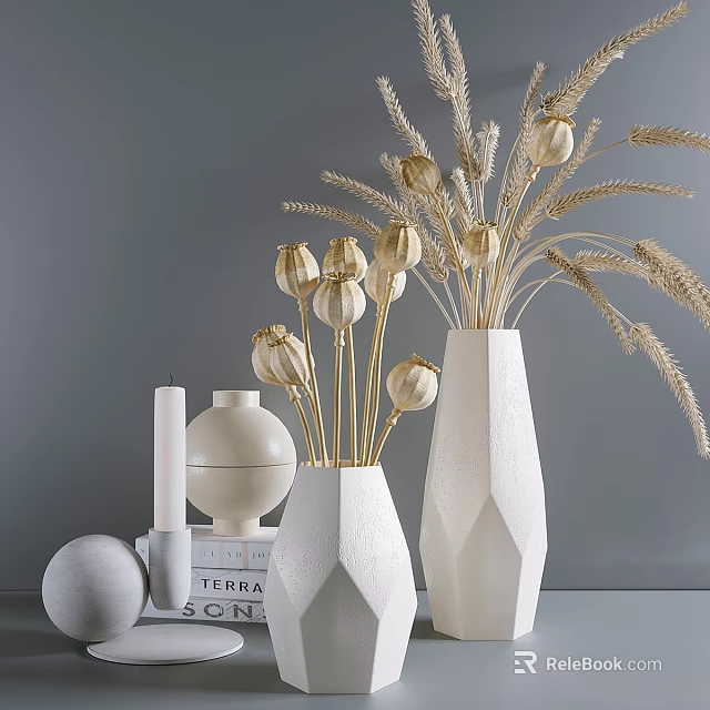 Elegant Decorative Ornament Set With White Vases Dried Flowers And Candles 3d model 