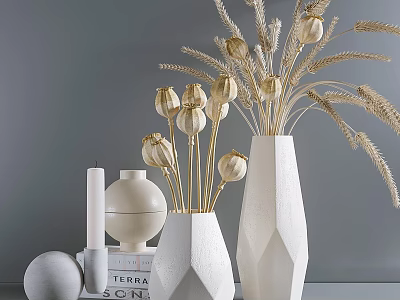 Elegant Decorative Ornament Set With White Vases Dried Flowers And Candles 3d model