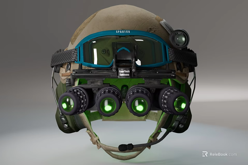 Military Tactical Helmet Equipped With Night Vision Goggles And Green Illuminated Lenses Head Mounted 3d model 