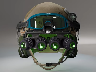 Military Tactical Helmet Equipped With Night Vision Goggles And Green Illuminated Lenses Head Mounted 3d model