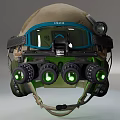 Military Tactical Helmet Equipped With Night Vision Goggles And Green Illuminated Lenses Head Mounted