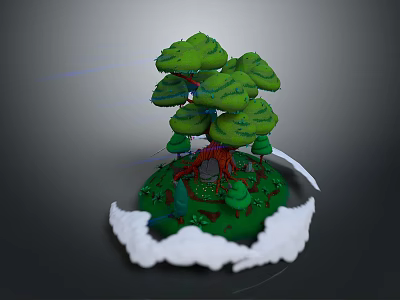 Modern 3D Island Scene With Large Tree Green Leaves Red Trunk Small Plants White Base 3d model