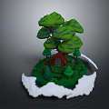 Modern 3D Island Scene With Large Tree Green Leaves Red Trunk Small Plants White Base