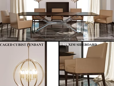 Modern Rectangular Dining Table With Beige Chairs Metal Base And Caged Cubist Pendant Light 3d model