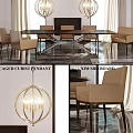 Modern Rectangular Dining Table With Beige Chairs Metal Base And Caged Cubist Pendant Light