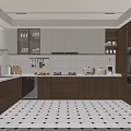 Modern Kitchen With Wooden Cabinets White Countertop Island And Hanging Utensils