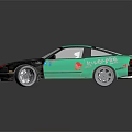 Teal And Black Two Door Coupe With Red Logo And NOS Decal On White Roof