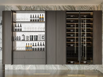 Modern Wine Cabinet Interior Design With Glass Doors Wooden Shelves And Wine Bottles 3d model