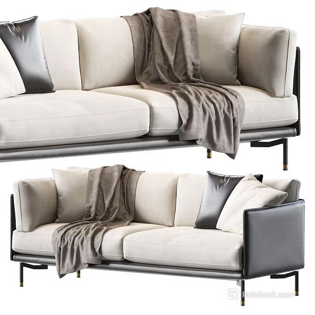 Modern Beige Two Seater Sofa With Gray Throw Blanket And Decorative Pillows 3d model