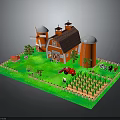 Natural Farm Scene With Red Barn White Windmill Green Field Animals And Wooden Fence