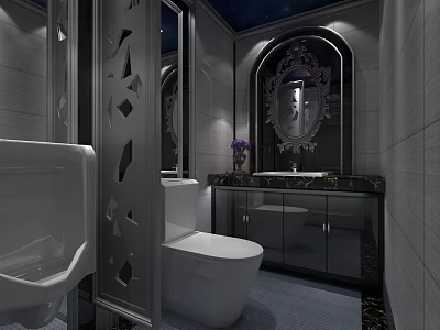 Modern High End Bathroom Design With Ornate Mirror And Hollow Carved Glass Wash Cabinet 3d model
