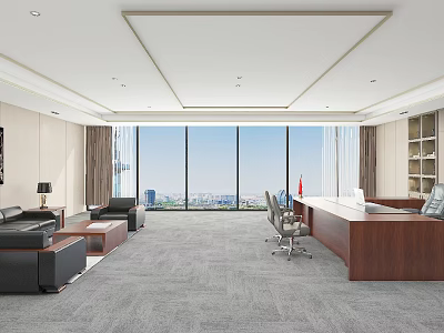 Spacious Modern Office Interior With Large Windows City View Executive Desk Leather Sofa And Bookshelf 3d model