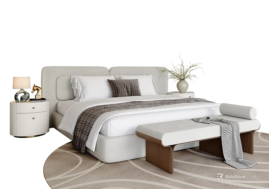 Modern Double Bed with Headboard Cushions Pillows Blanket Nightstand Lamp and Bench on Patterned Rug 3d model 