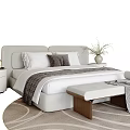 Modern Double Bed with Headboard Cushions Pillows Blanket Nightstand Lamp and Bench on Patterned Rug