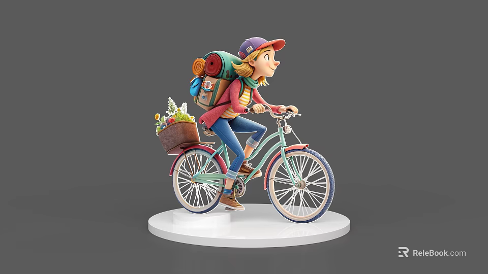 Game Movie Character Riding Bicycle With Colorful Backpack And Flower Basket 3d model 