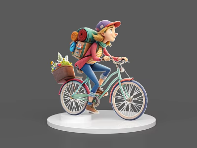 Game Movie Character Riding Bicycle With Colorful Backpack And Flower Basket 3d model