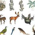 Traditional Chinese Ink Painting Elements With Animals Birds Plants And Nature Motifs