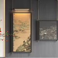 Traditional Chinese Landscape Painting Hanging On Wall With Black Frame And Decorative Red Berry Plant