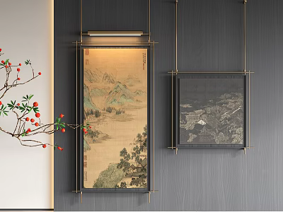 Traditional Chinese Landscape Painting Hanging On Wall With Black Frame And Decorative Red Berry Plant 3d model