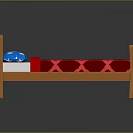 Wooden Bed Frame With Red Geometric Pattern Quilt And Blue Star Pillow