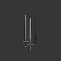 Medieval Weapons Display Featuring Three Swords Of Different Styles With Ornate Hilts And Polished Blades