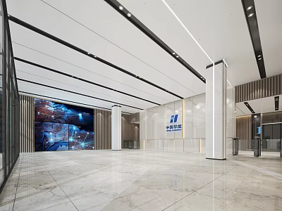 Modern Spacious Reception Area With Marble Floor Glass Walls Sleek Pillars And Large Digital 3d model
