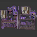 Vintage Wooden Bookshelves Display With Potted Plants Decorative Frames And Books