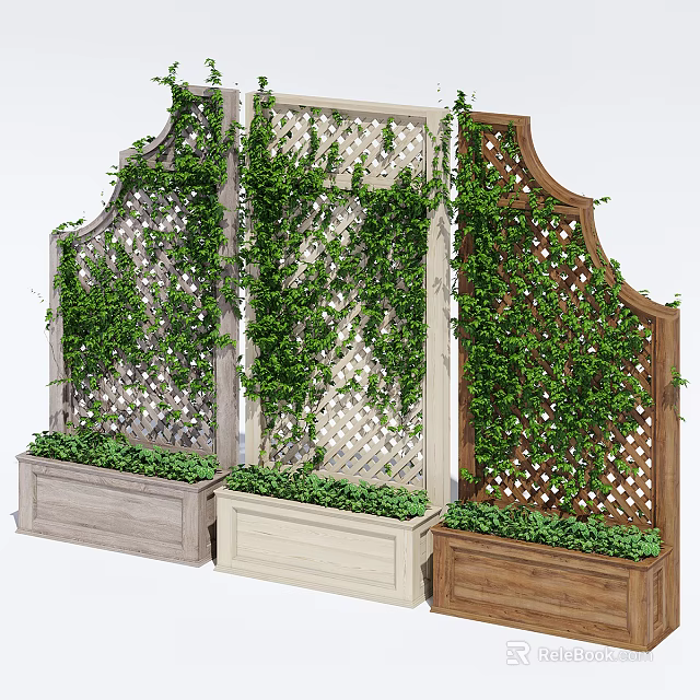 Green Plant Wall With Three Lattice Designs Climbing Vines And Wooden Planters 3d model 
