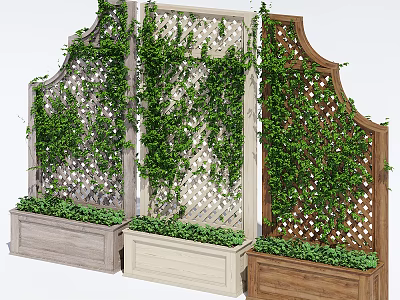 Green Plant Wall With Three Lattice Designs Climbing Vines And Wooden Planters 3d model