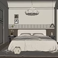 Modern Minimalist Bedroom Interior With White Bedding Chandelier Desk And Striped Headboard