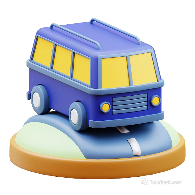 Blue Van 3D Model with Yellow Windows on Round Base Road 3d model 