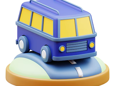 Blue Van 3D Model with Yellow Windows on Round Base Road 3d model