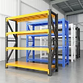 Yellow and Blue Metal Storage Shelves with Wheels and Equipment in Warehouse
