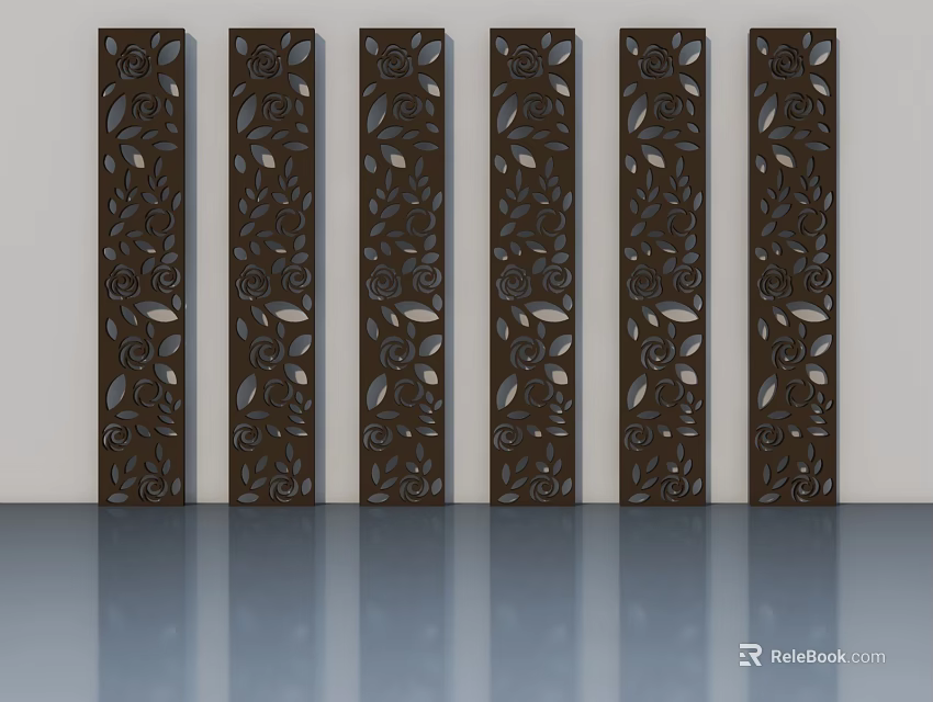 Hinged Doors With Intricate Floral Leaf Carved Patterns On Brown Panels 3d model