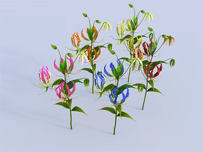Colorful Decorative Flowers Featuring Pink Blue Orange Red Yellow Petals Green Stems And Leaves 3d model