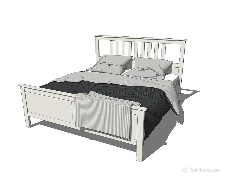 Modern Double Bed Featuring White Wooden Frame And Gray Black Bedding 3d model