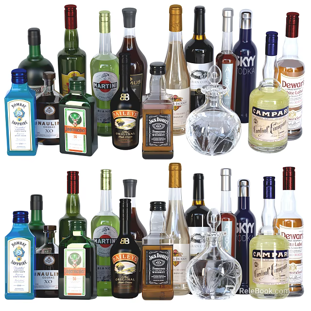 Assorted Wine Bottles and Glasses with Different Brands Labels and Designs 3d model