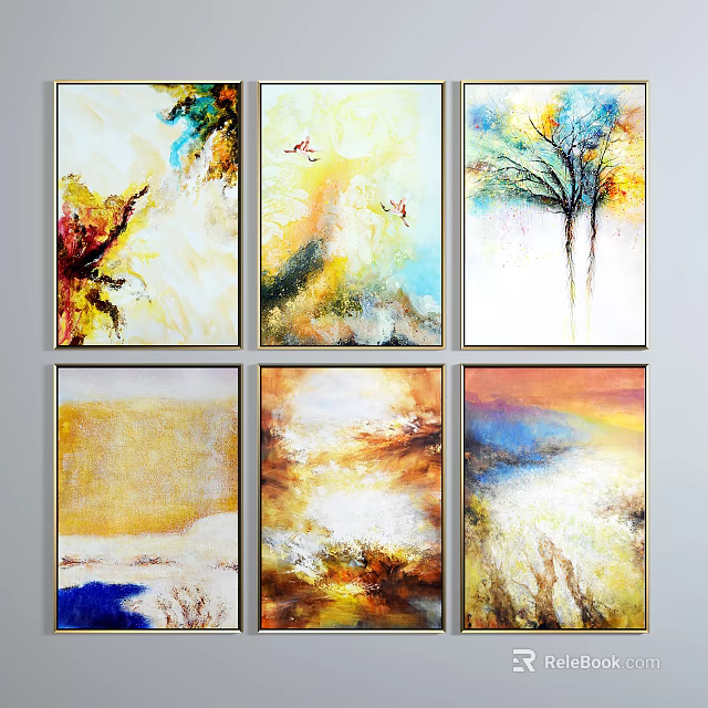 Colorful Abstract Paintings With Tree Bird Elements And Artistic Textures For Wall Decor 3d model 