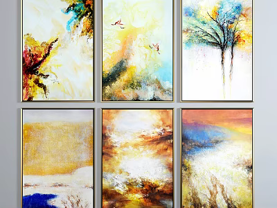 Colorful Abstract Paintings With Tree Bird Elements And Artistic Textures For Wall Decor 3d model