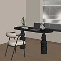 Modern Study Room With Oval Black Desk Laptop Vase Cat Ornament And Chair
