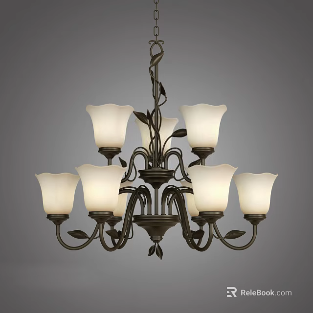 Six Light Bronze Chandelier with White Glass Shades and Decorative Leaves 3d model 