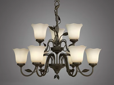 Six Light Bronze Chandelier with White Glass Shades and Decorative Leaves 3d model