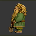 Fantasy Dwarf Character In Green Outfit With Golden Long Hair And Braided Beard Holding Shovel
