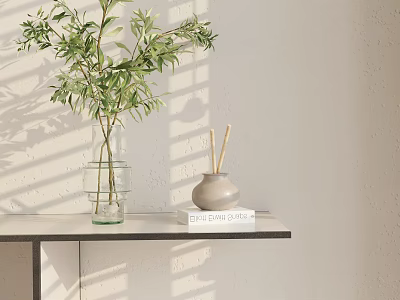 Green Plants In Glass Vase On Table Against Light Gray Wall With Sunlight Shadows 3d model
