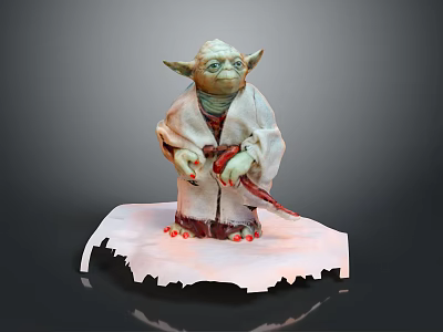 Yoda Star Wars Character Figurine Wearing White Robe Holding Red Lightsaber On White Base 3d model