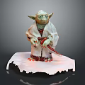 Yoda Star Wars Character Figurine Wearing White Robe Holding Red Lightsaber On White Base