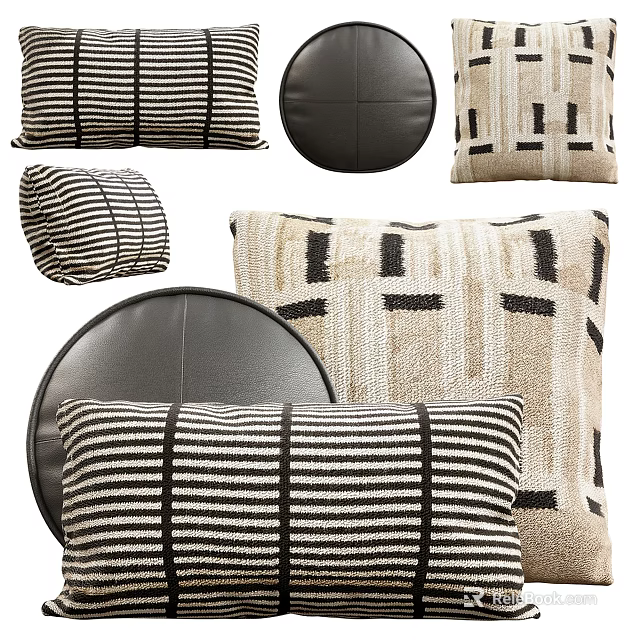Stylish Modern Throw Pillows With Striped Geometric And Leather Textures For Home 3d model 