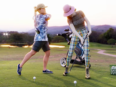 Two People Playing Golf On Green Course With Clubs And Balls 3d model